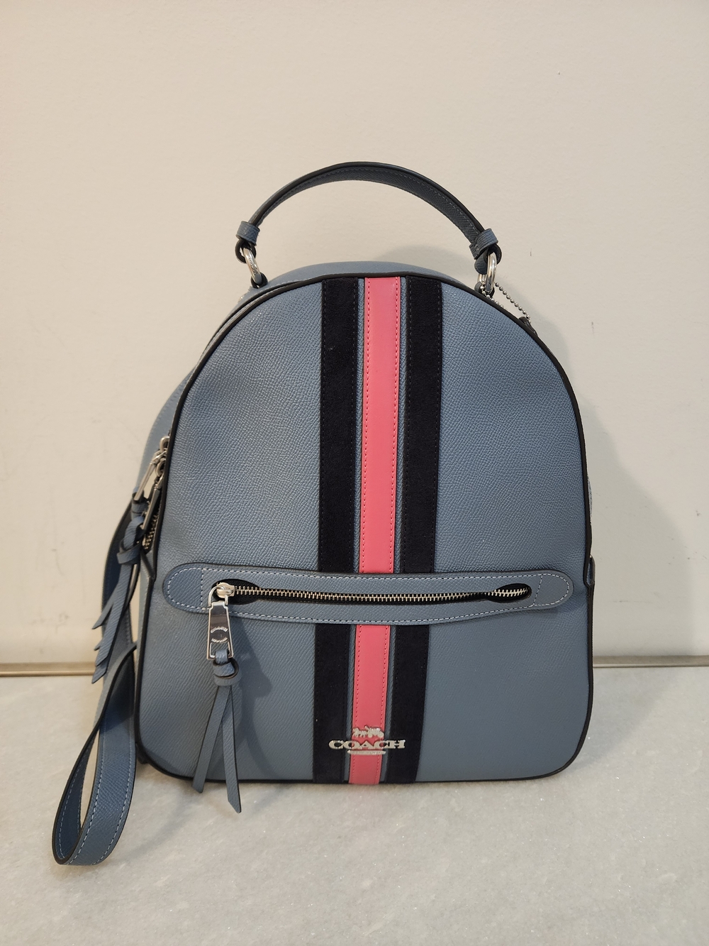 Coach Blue Leather Mini Backpack with Pink Stripe